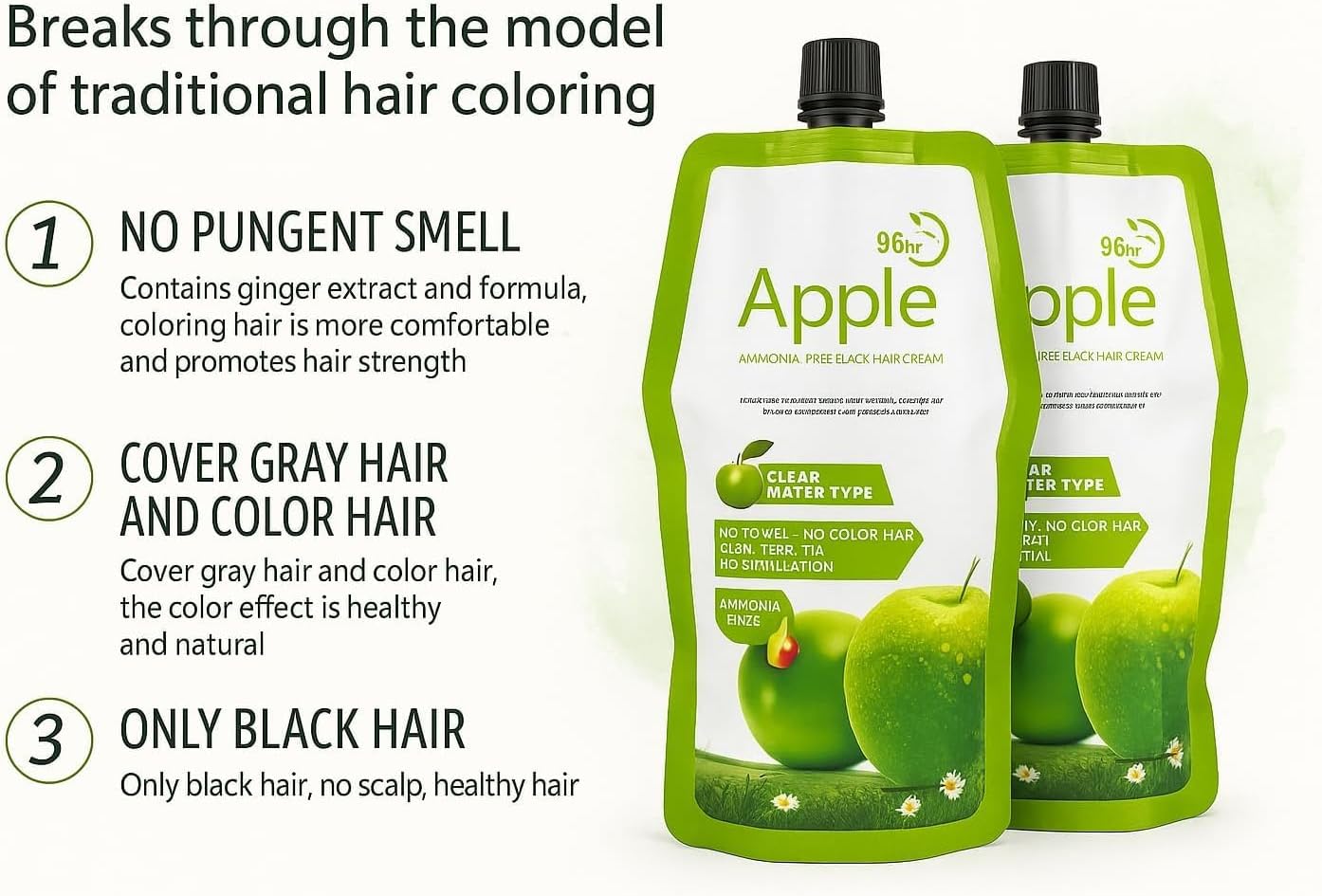 Apple Hair Color 96H Long, Ammonia-Free Natural Black Hair Shampoo, Apple Essence Fruit Extract Hair- 500ml- Natural Arabic Version